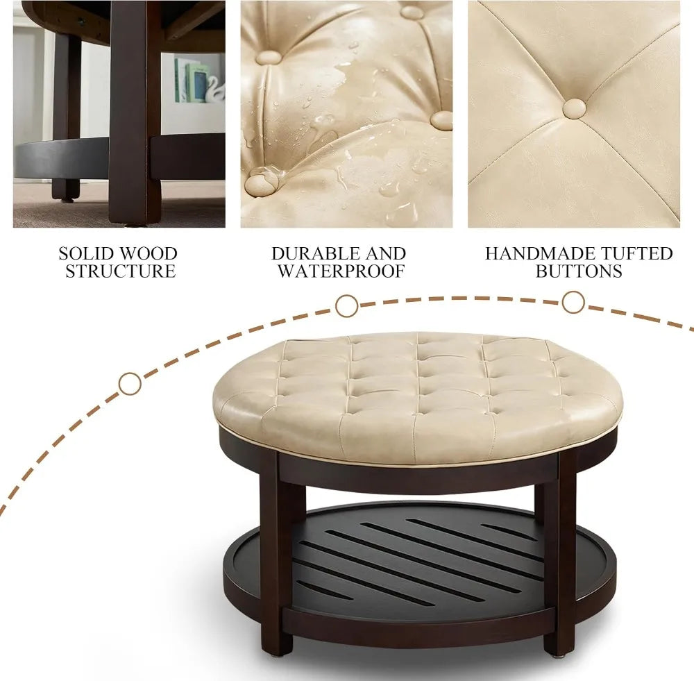 Large Round Storage Ottoman PU Leather Footrest