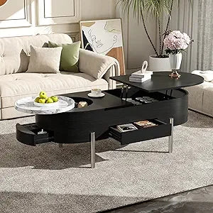 47.2-Inch Lift Top Coffee Table - Hidden Storage - Rotating Round Tray