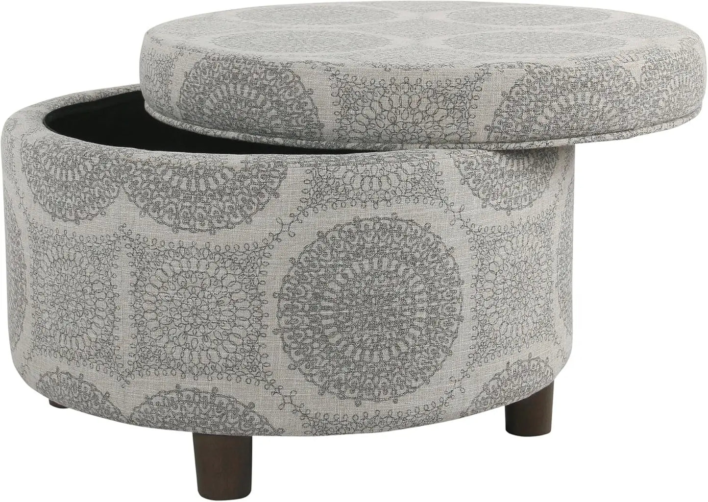 Upholstered Round Storage Ottoman (Grey Medallion)