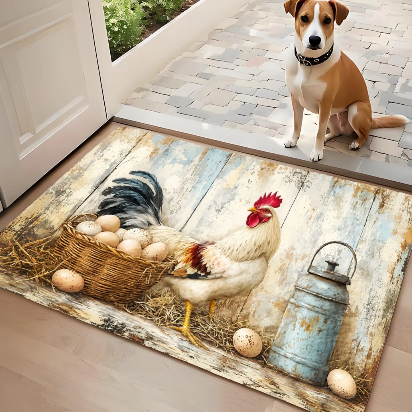 3PCS  Rugs,Rooster Chicken Basket Rustic Farmhouse Pattern Dining Mat