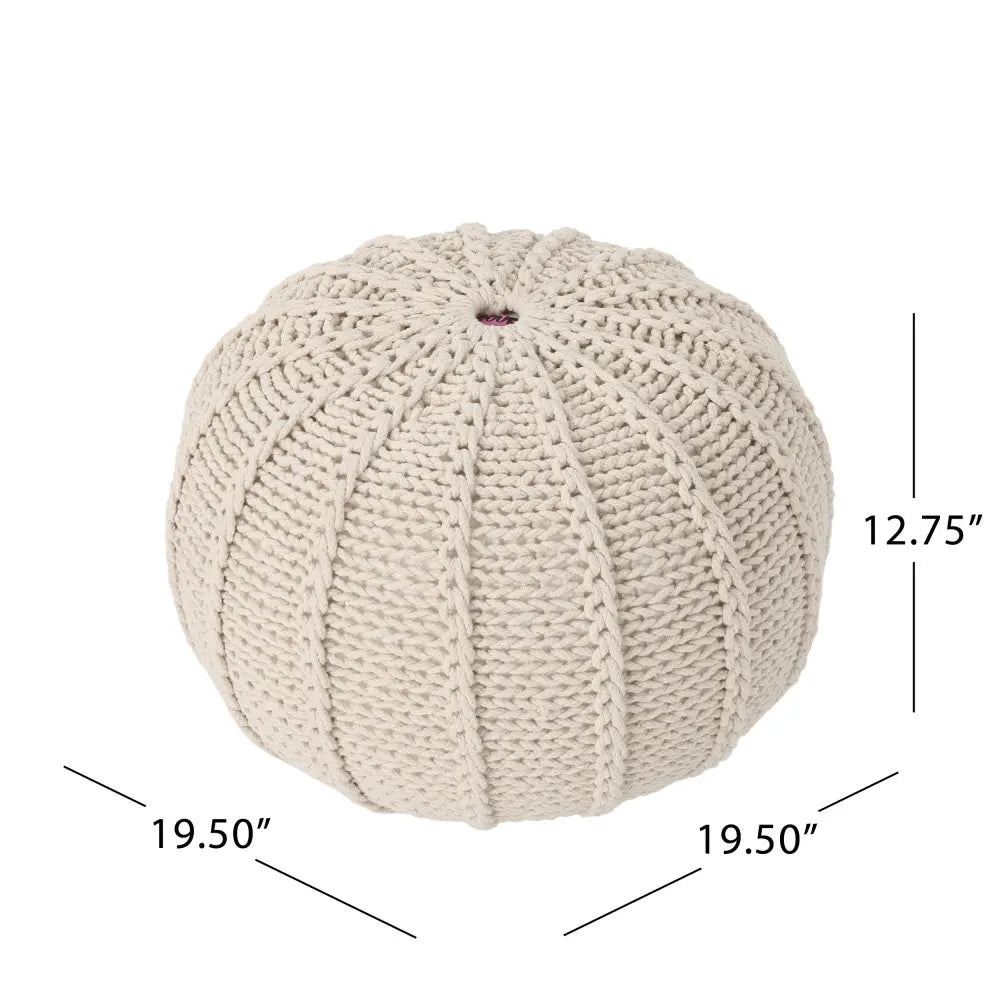 Knitted Cotton Round Pouf, Beige stool