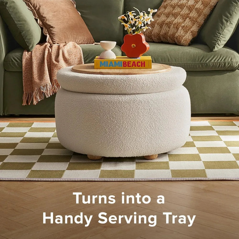 Luna Round Ottoman with Storage and Tray, Round Coffee Table