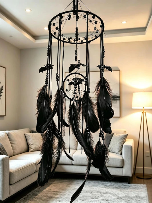 Gothic Black Dreamcatcher with 5 Bat Ornaments - Wall Hanging