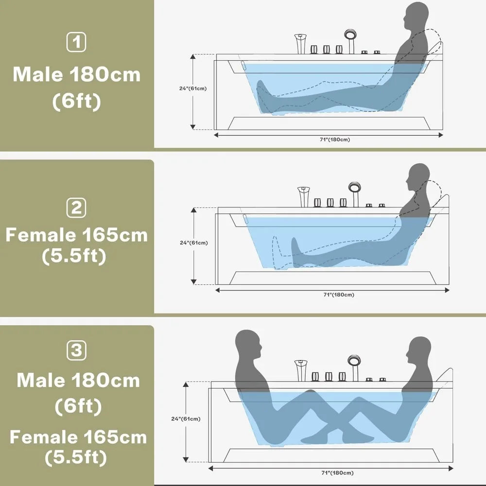 Double Head Acrylic Whirlpool Bathtub, 2-person Hydraulic Massage