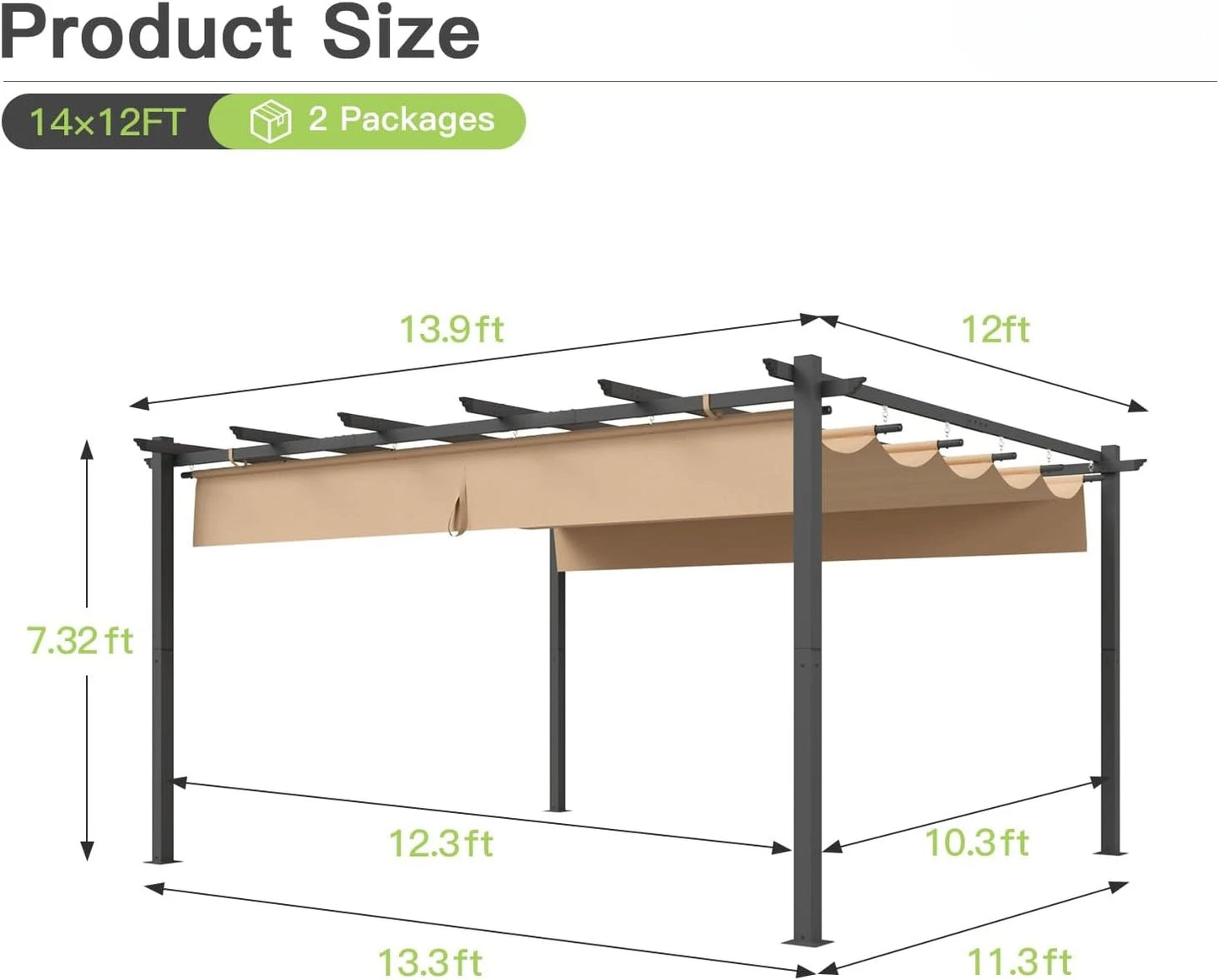 12x14 Outdoor Pergola, Patio Aluminum Pergola  Retractable Canopy