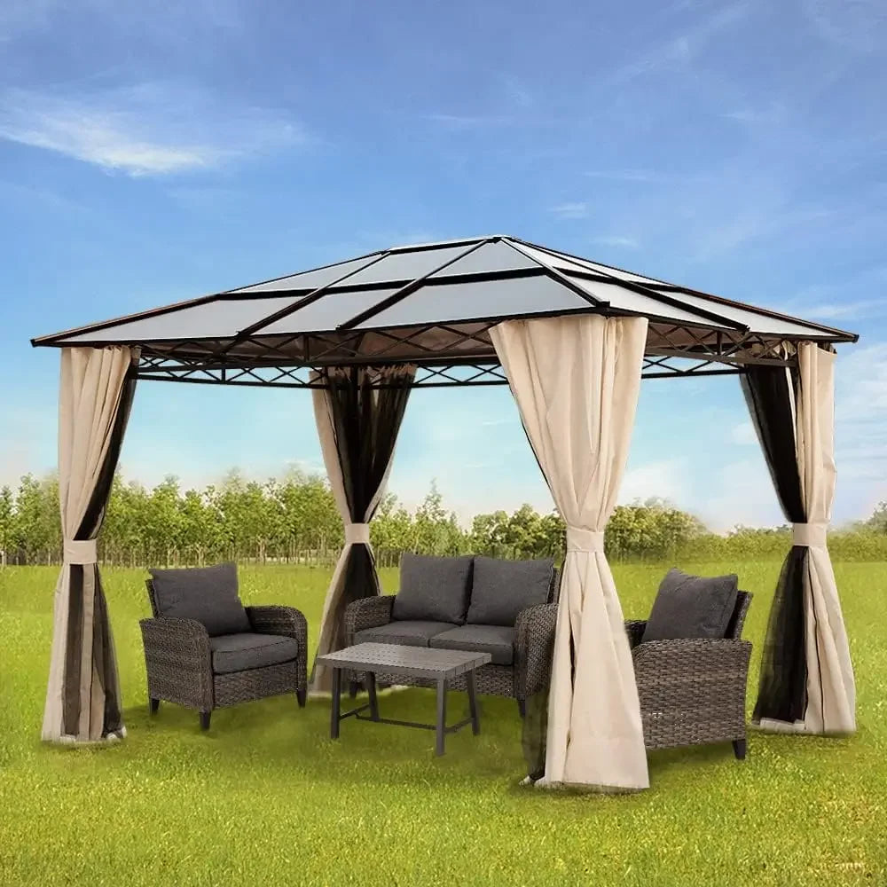 10x12 Gazebo, Hardtop Gazebo, UV 50+ Netting and Curtains