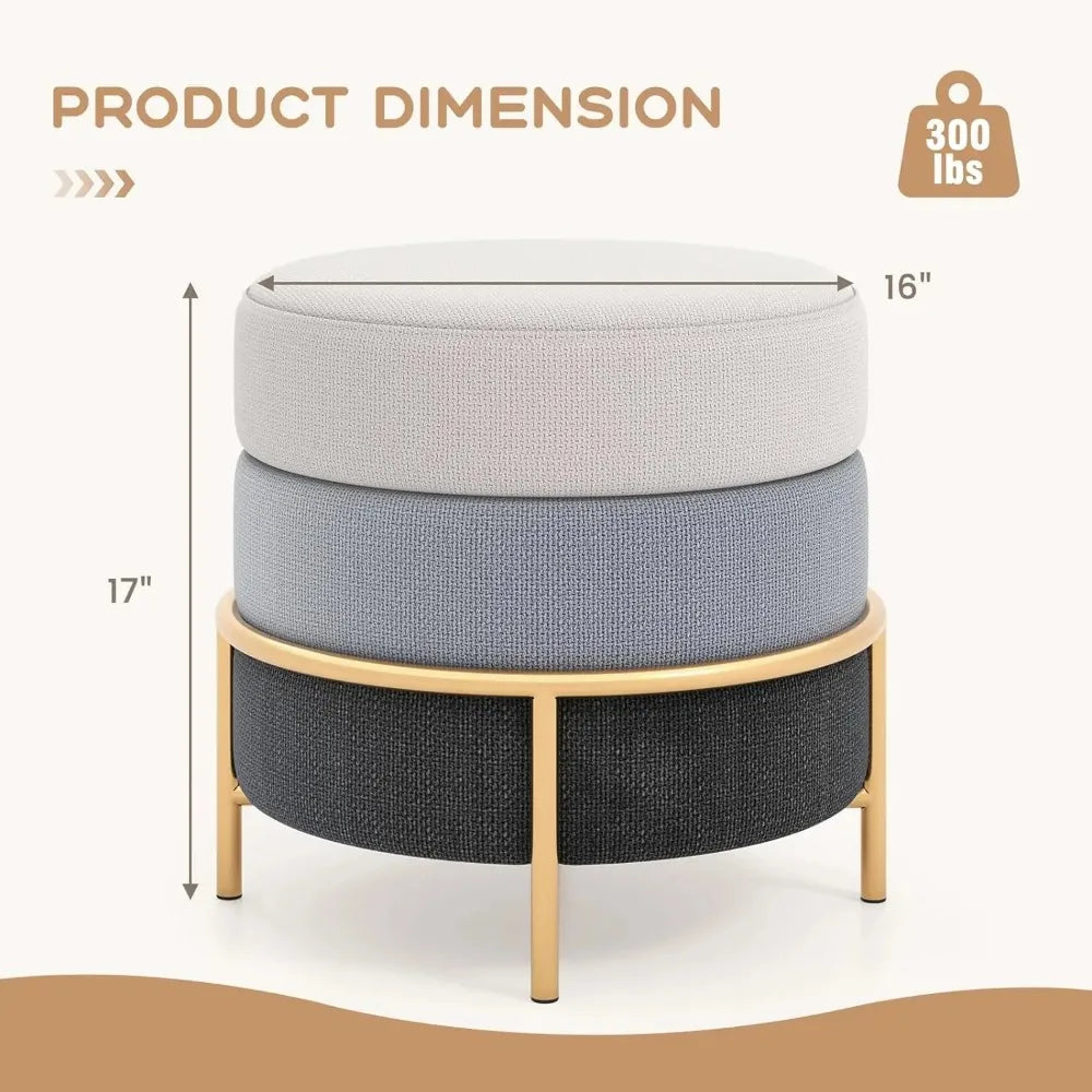 Round Vanity Stool, Linen Fabric Ottoman Cushioned Seat