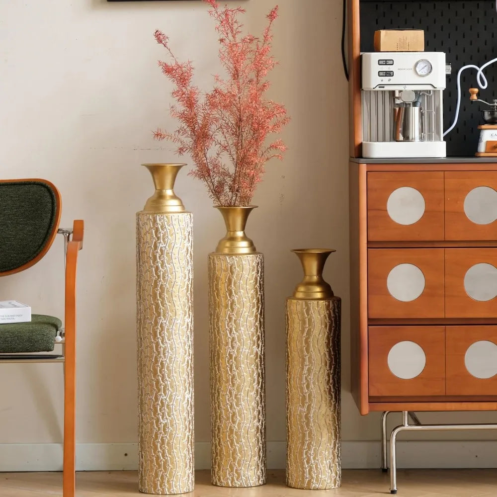 Gold Metal Vase Set of 3, Metallic  Vases 32" H, 28" H, 24" H