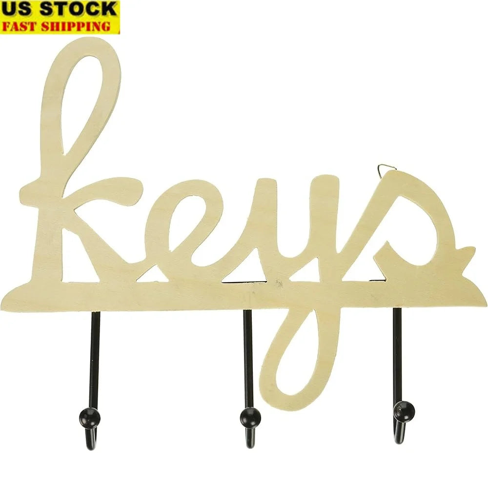Wooden Key Holder with 3 Metal Hooks Wall Mount