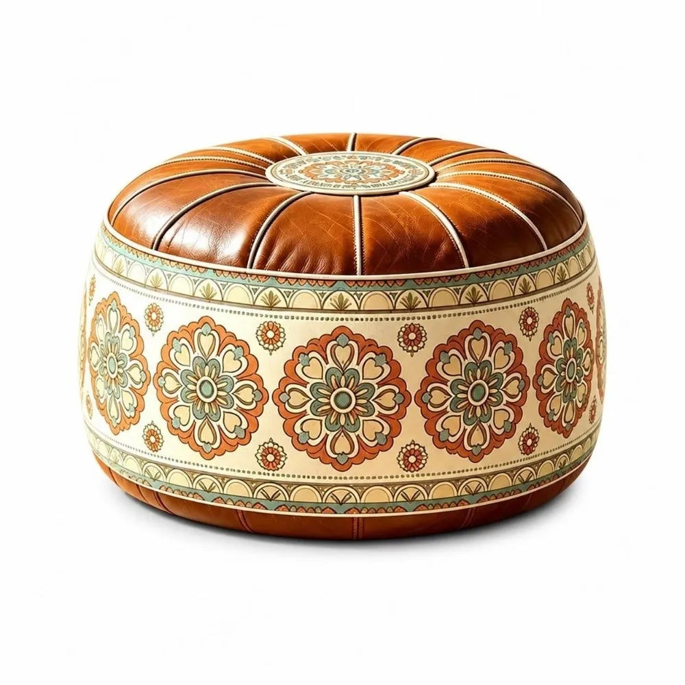 Leather Fillable Ottoman Pouf Embroidered Pattern Moroccan Style, Storage