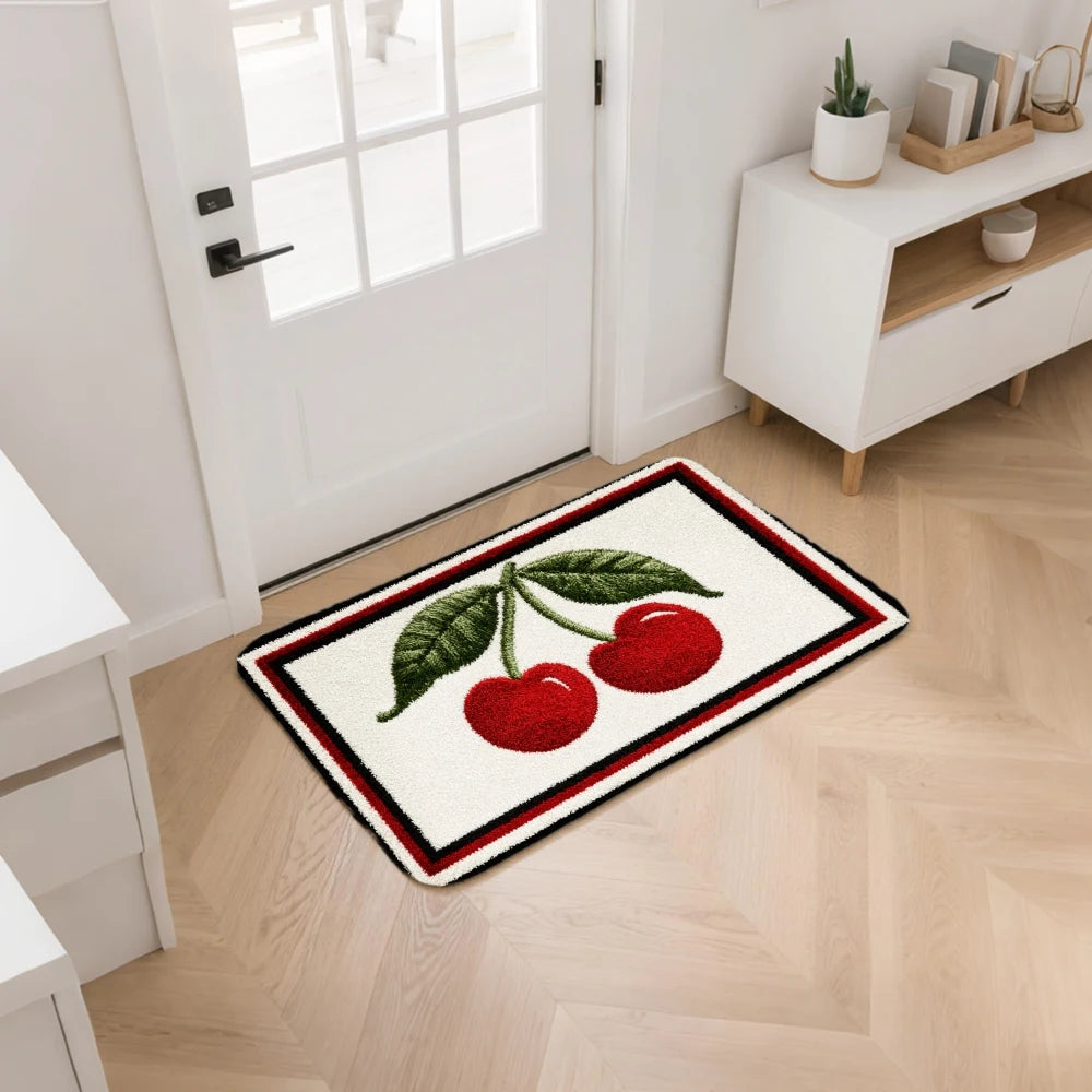 3PCS Mat Set,  Front Door, Kitchen,  Cherry Pattern With Green Leaves