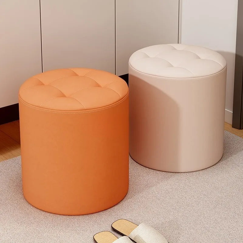 Round Ottoman Stool, PU Leather Footrest with Non-Slip Base