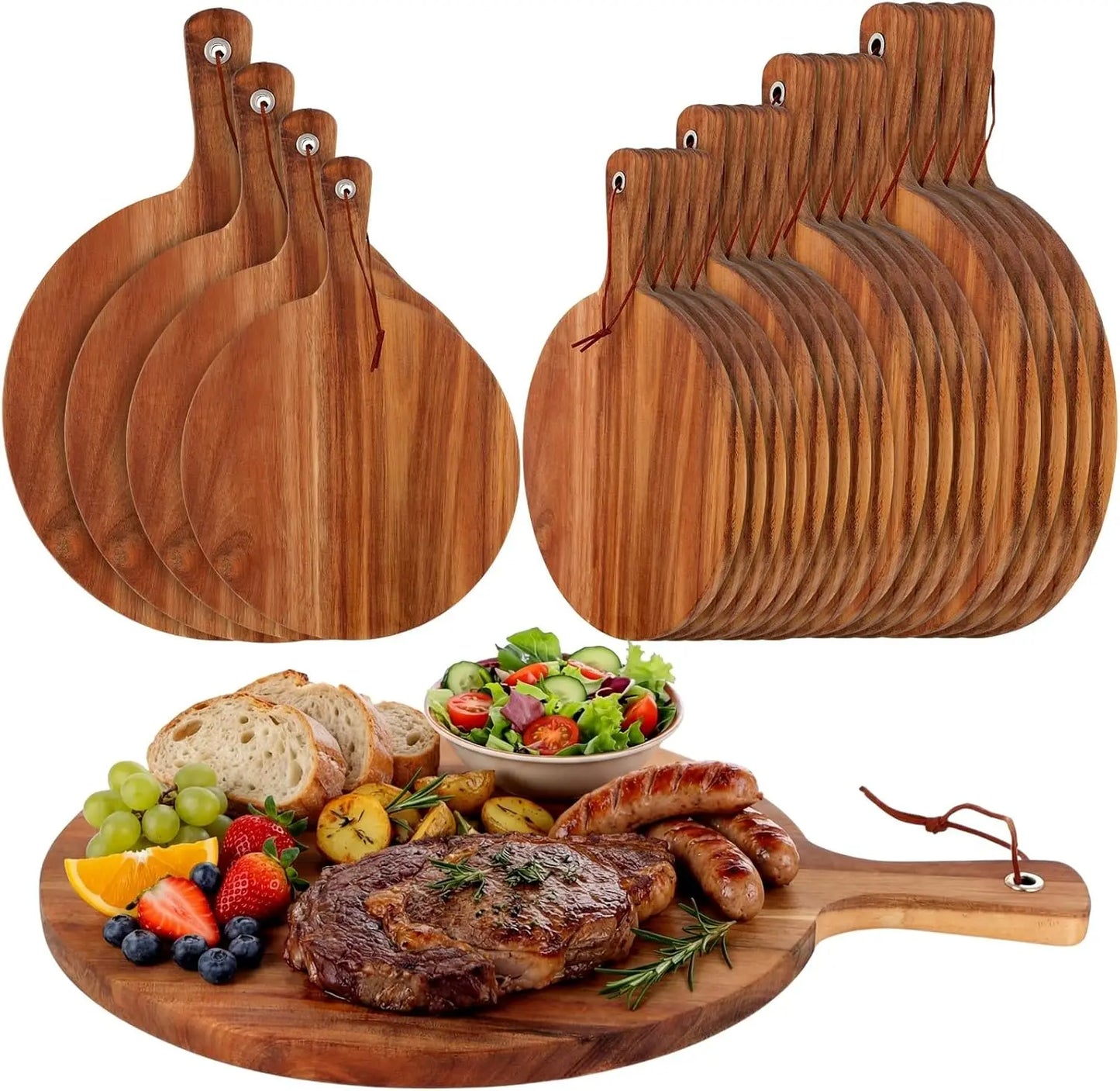 20 Pcs Round Acacia Wood Cutting Board Set with Handle