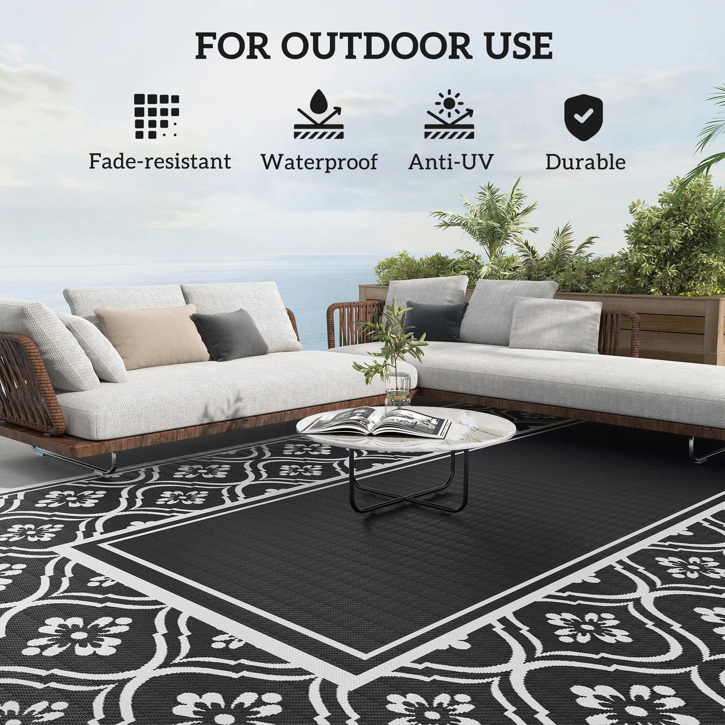 Outdoor Rug, 9' x 18' Floor Mat, Black White Gourd Border