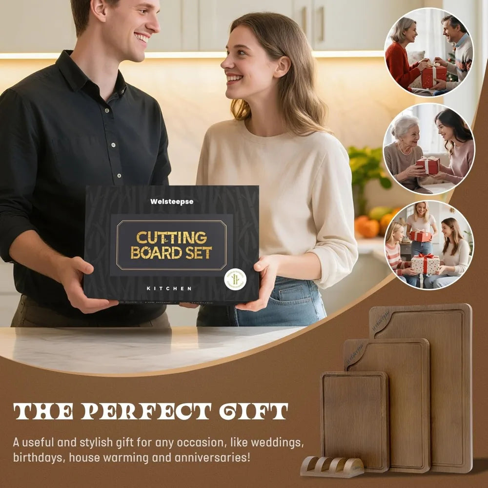 Extra Large Bamboo Cutting Board for Kitchen (Set of 3),  Juice Grooves