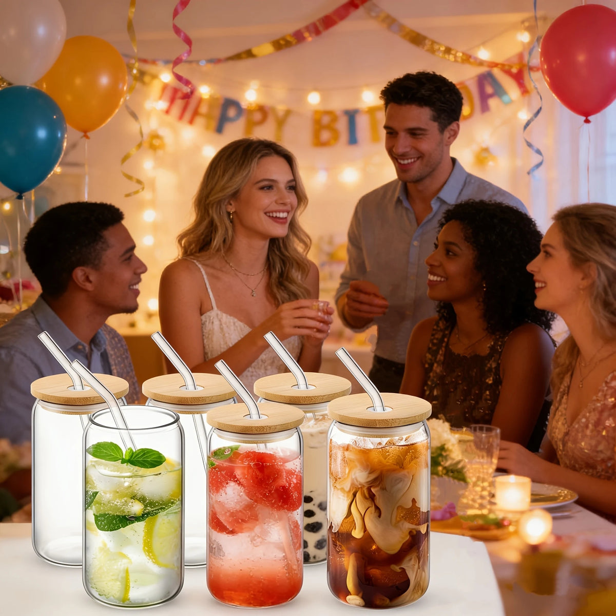 Drinking Glasses with Glass Straw 8pcs Set - 16oz Highball Glass Cups, Beer Glasses