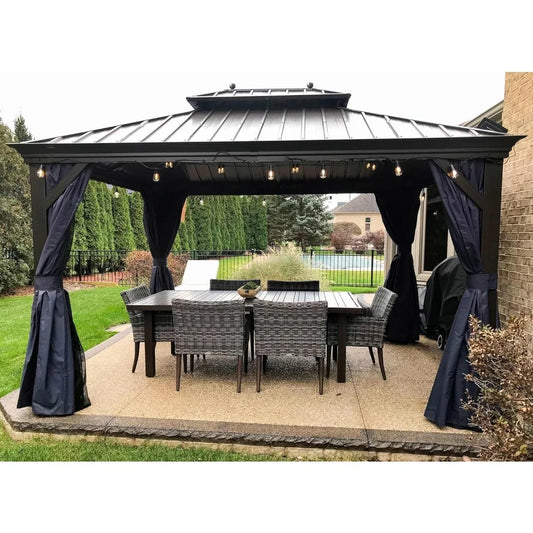 10' X 12' Hardtop Gazebo Canopy with Netting and Curtains for Outdoor Deck Backyard Heavy Duty Sunshade Outside Meta