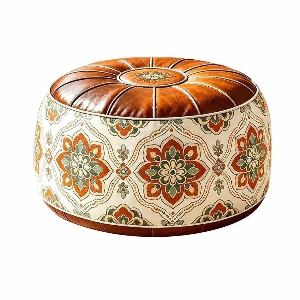 Leather Fillable Ottoman Pouf Embroidered Pattern Moroccan Style, Storage