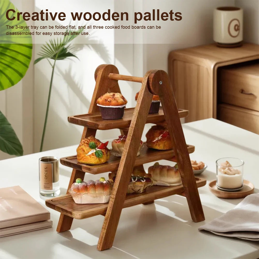 2Pcs Wooden Serving Platter 3 Tier