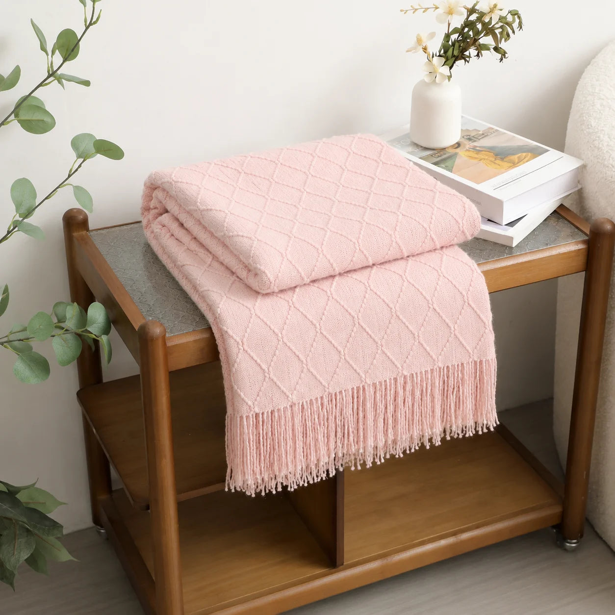 Cream Popcorn Bobble Textured Knit Throw Blanket with Tassel Fringe,