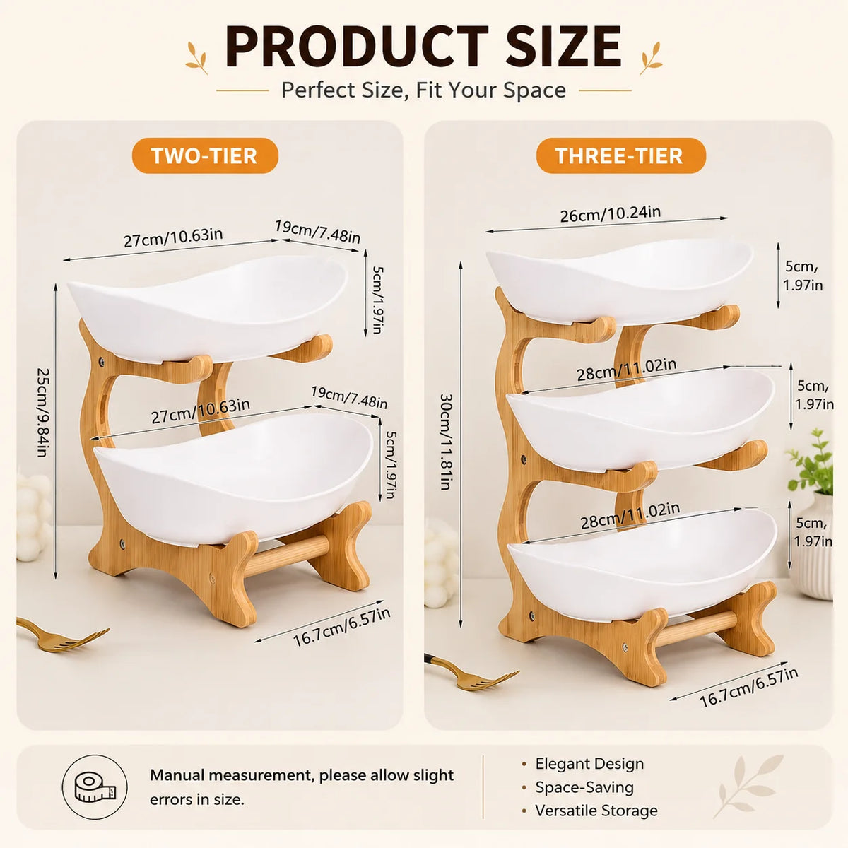 2/3-Tier Fruit Bowl with Stand, Plastic Fruit Basket with Bamboo Frame f