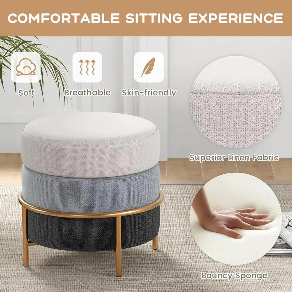 Round Vanity Stool, Linen Fabric Ottoman Cushioned Seat