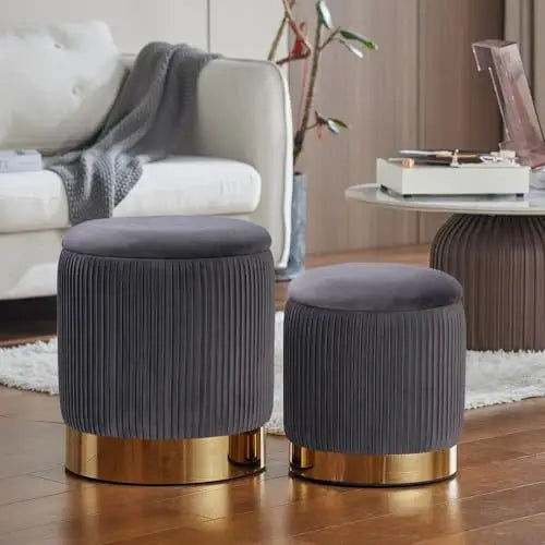 Round Ottoman with Storage Set of 2 Velvet