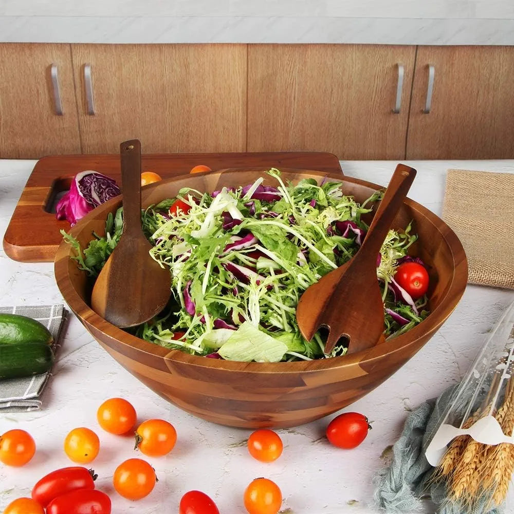 Acacia Wood Salad Bowl Set -Serving Utensils, 12.5"