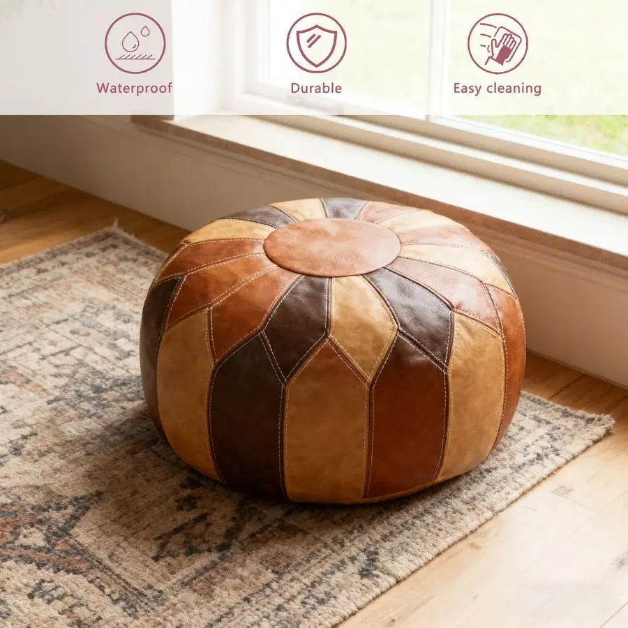 Unstuffed Moroccan Faux Leather Pouf Ottoman with Storage Handmade