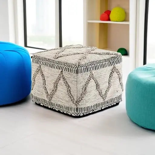 Boho Square Pouf In Grey, Natural Handloom Woven Pattern