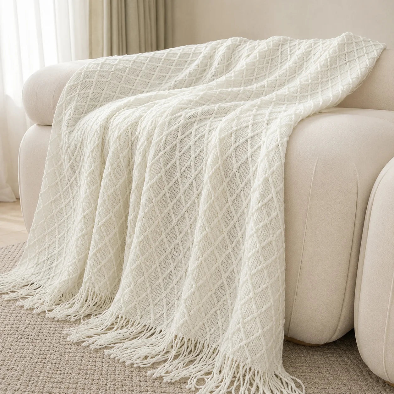 Textured Knit Throw Blanket with Tassel Fringe, Soft Knitted Decorative Blanket,
