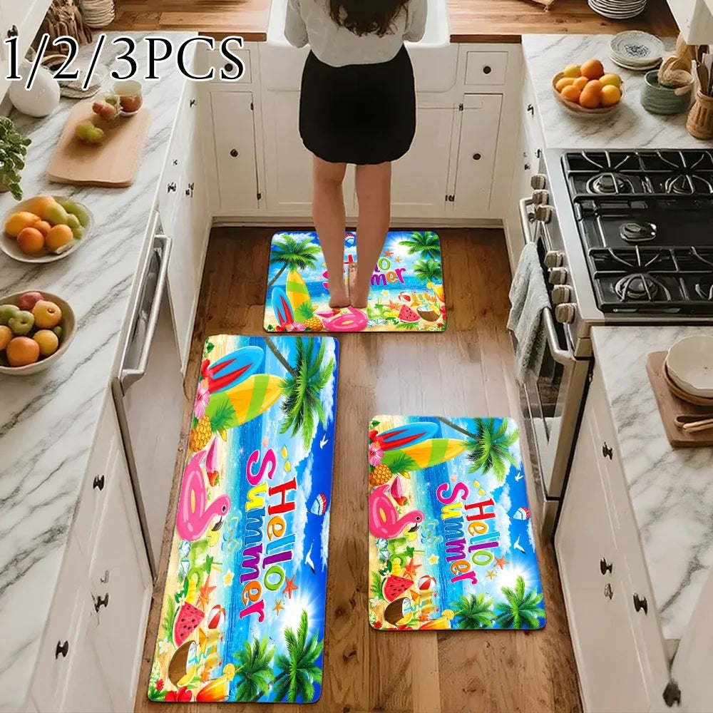 3PCS Rugs,Hello Summer Palm Trees Beach Ball Watermelon Dining Mat