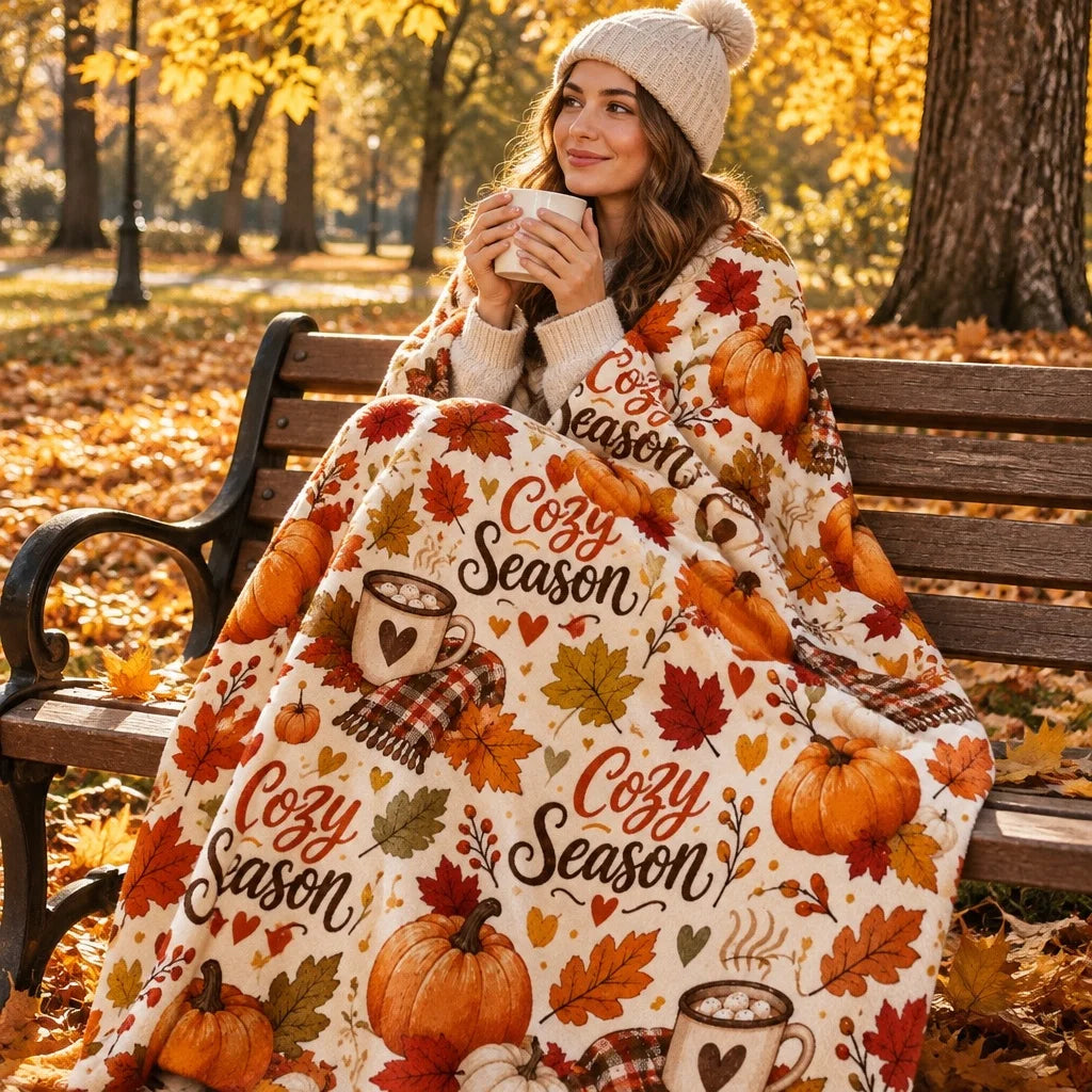 Autumn Harvest Throw Blanket, Fall Leaves & Pumpkin  Warm Blanket