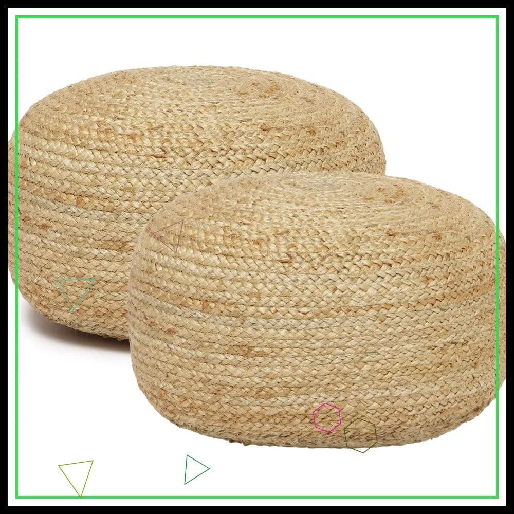 Jute Circular Low Pouf Ottoman - Braided Footrest Set of 2 Natural (18"X18"X10")
