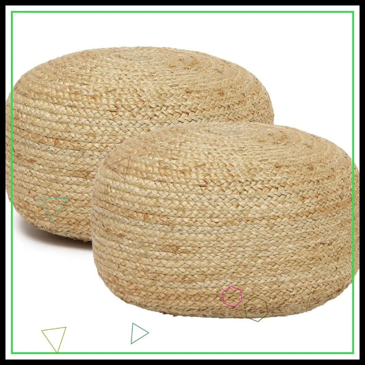 Jute Circular Low Pouf Ottoman - Braided Footrest Set of 2 Natural (18"X18"X10")