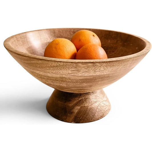 10 Inch Brown Pedestal Bowl - Wooden Fruit, Candy Holder