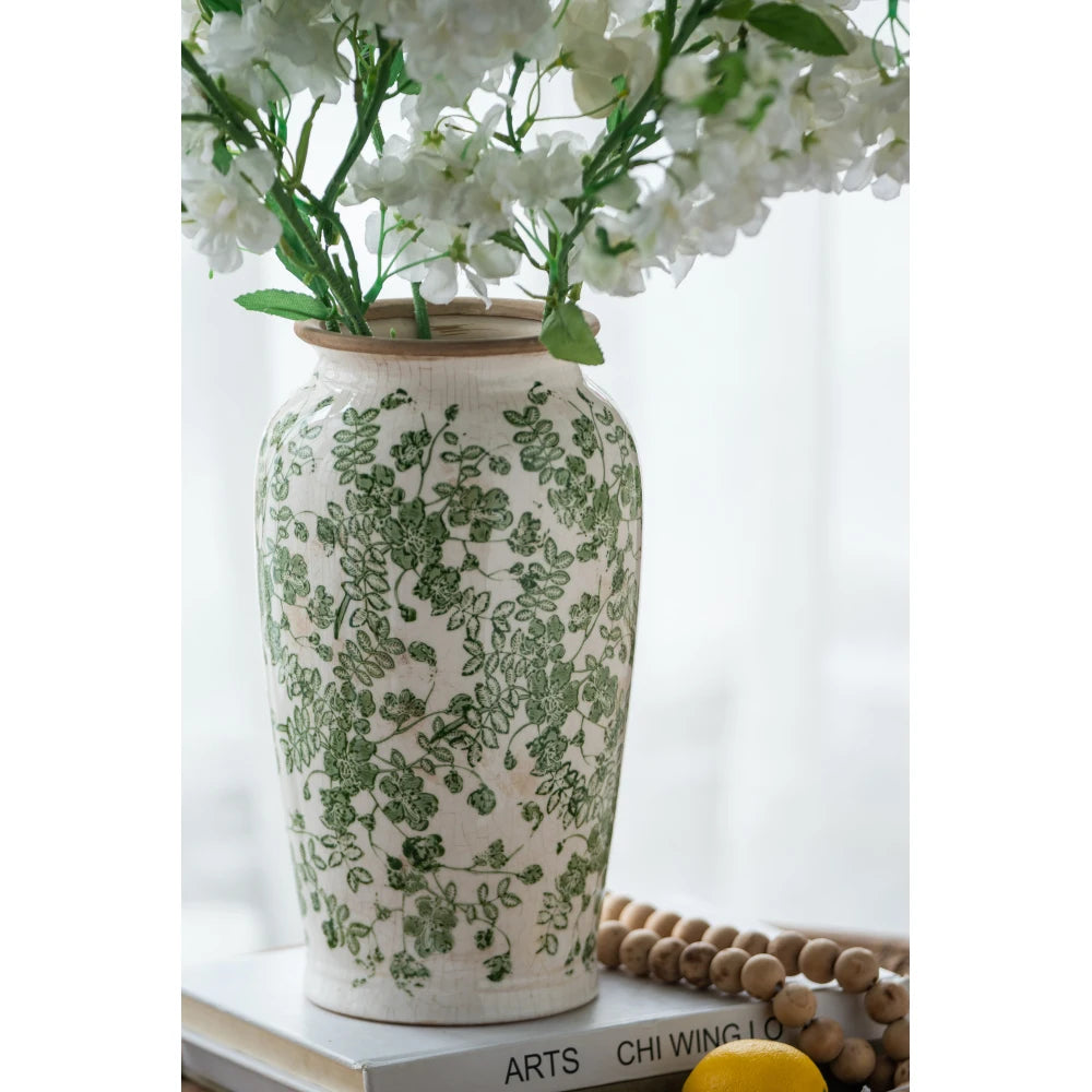 6.5x6.5x11.6" White Ceramic Flower Vase with Green Floral Pattern