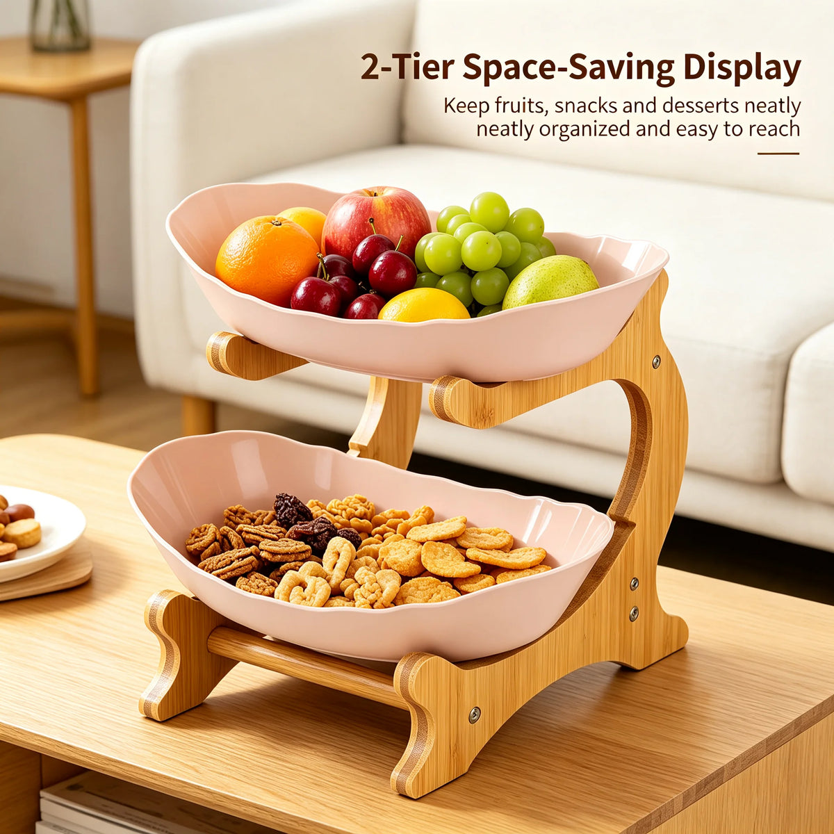 Tier Fruit Bowl Bamboo Frame with  Bowls, Stackable Fruit Basket Stand
