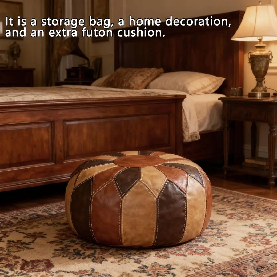 Unstuffed Moroccan Faux Leather Pouf Ottoman with Storage Handmade