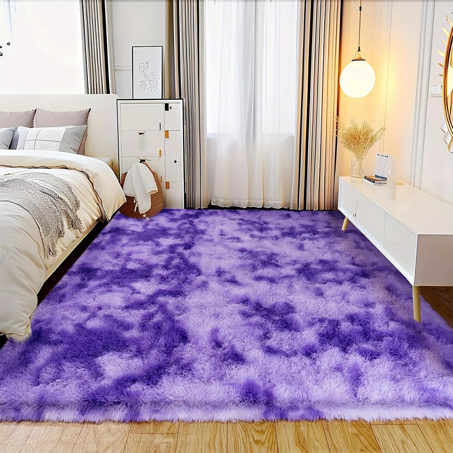 Tie Dye Purple Soft Plush Non-Slip Area Rug with 4 Area Rug Stickers,