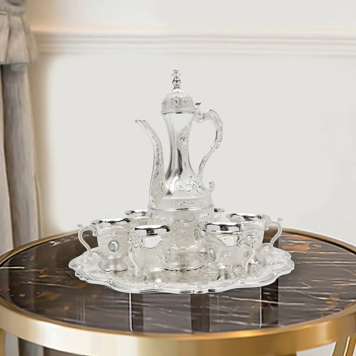 Antique Style Silver Tea Set Including Teapot, 6 Cups & Tray