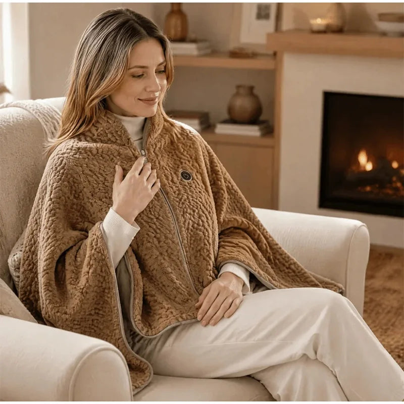 USB Wearable Heated Shawl Wrap Blanket with Hood Zipper