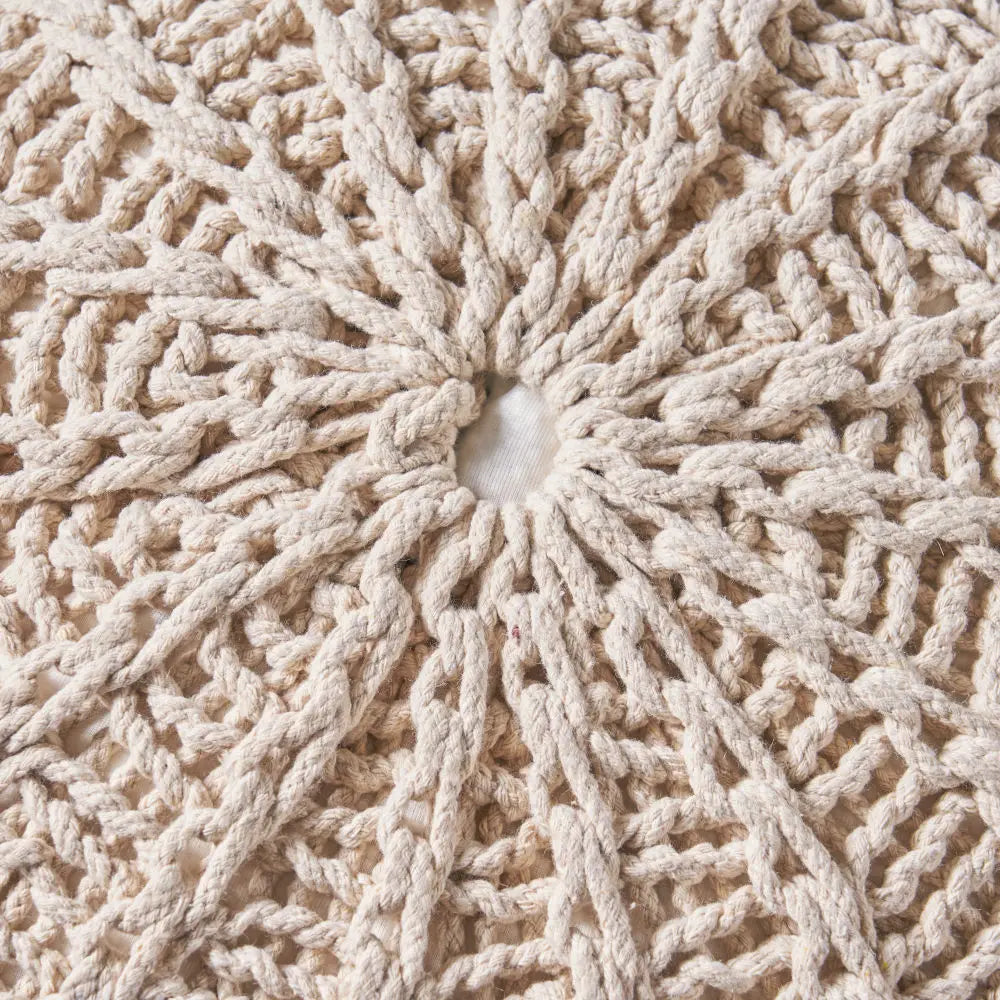 Knitted Cotton Round Pouf, Beige stool