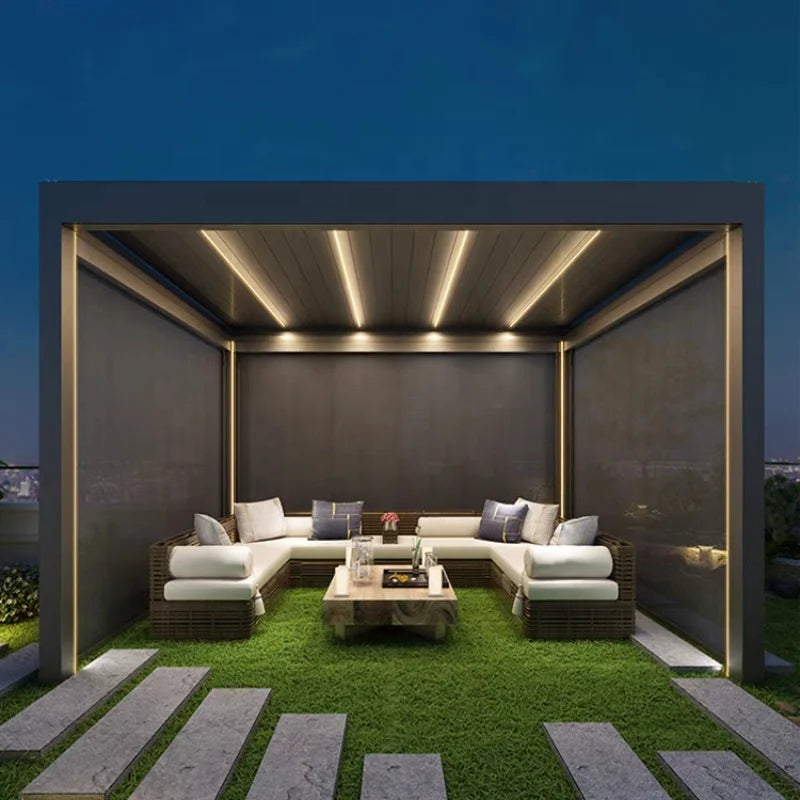 Aluminum pergola, rainproof, electrically adjustable gazebo