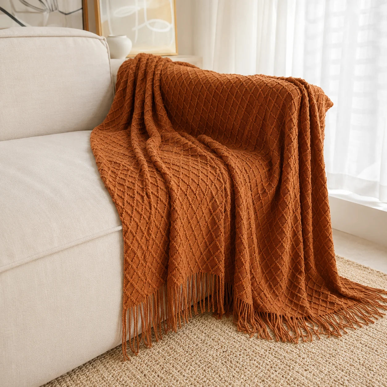 Dark Brown Wavy Chevron Textured Knit Throw Blanket with Tassel Fringe,