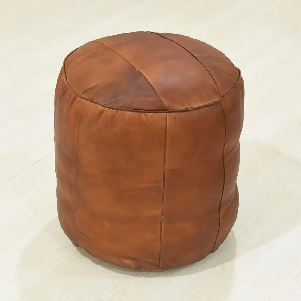 Round Shaped Leather Handmade  Cognac Pouf , 14" x 14"x 14",