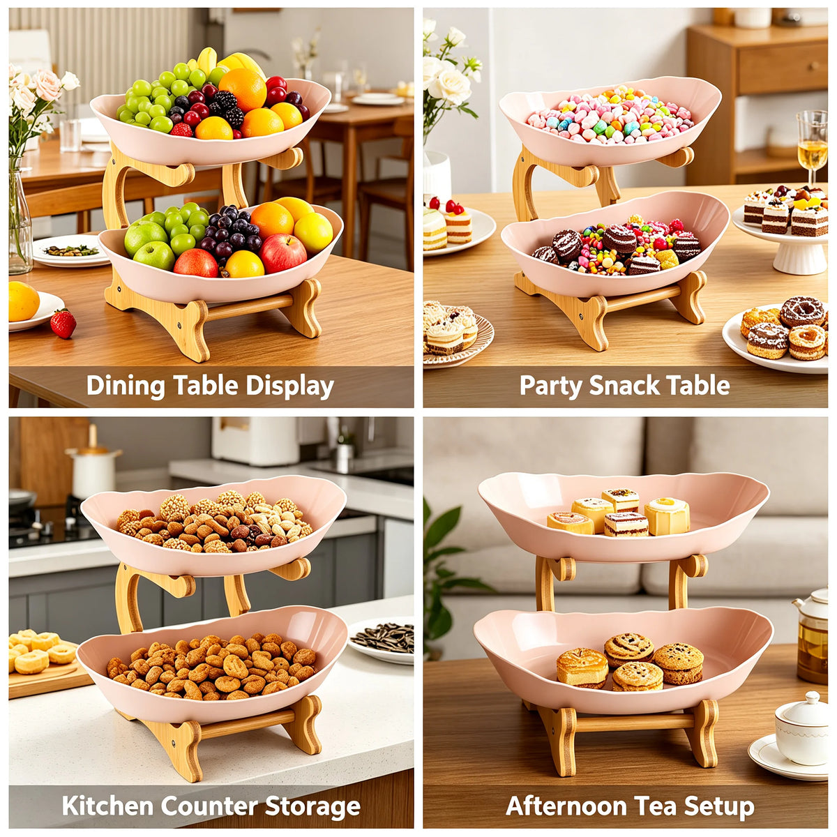 Tier Fruit Bowl Bamboo Frame with  Bowls, Stackable Fruit Basket Stand