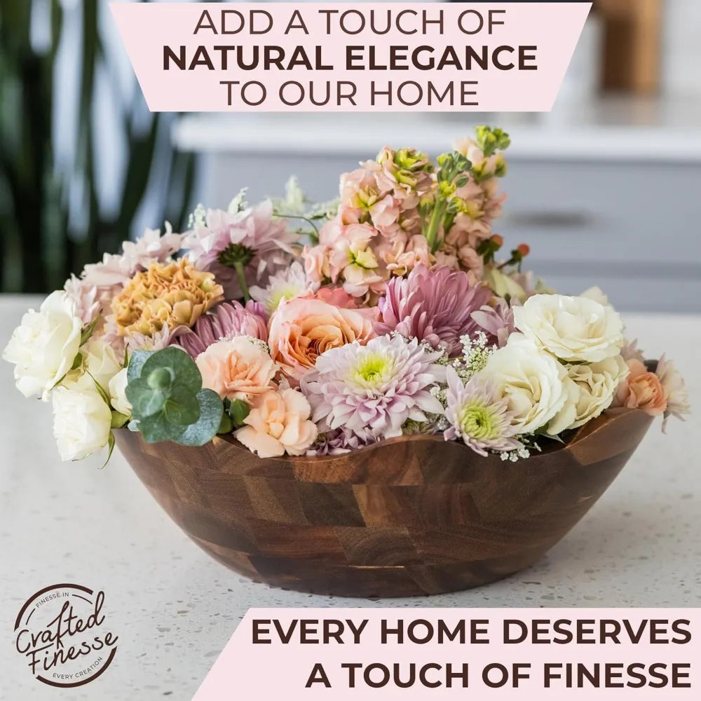 Large Scalloped Acacia Wood Salad Bowl Set with Spoons